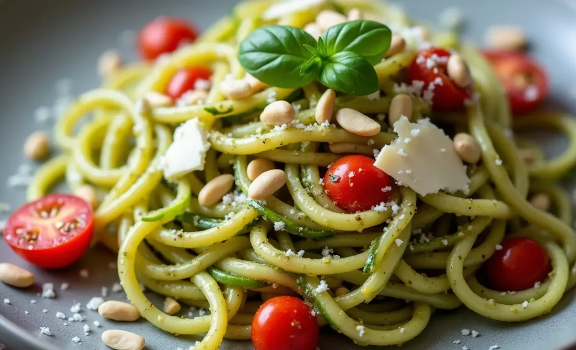 Zucchini Noodles with Pesto and Roasted Tomatoes