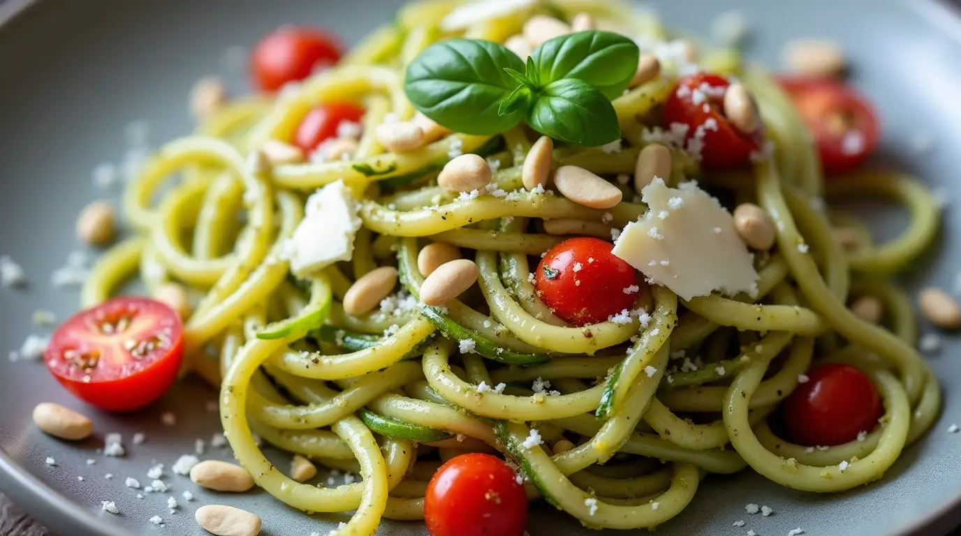 Zucchini Noodles with Pesto and Roasted Tomatoes