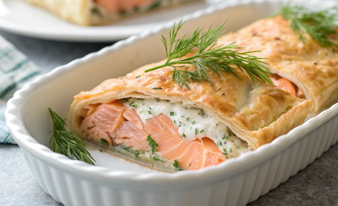 Flaky salmon in puff pastry with creamy filling and dill garnish