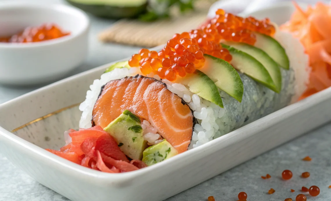 Sushi Burrito Wraps: An Unexpectedly Tasty Fusion 1 Sushi burrito with salmon, avocado, cucumber, and tobiko