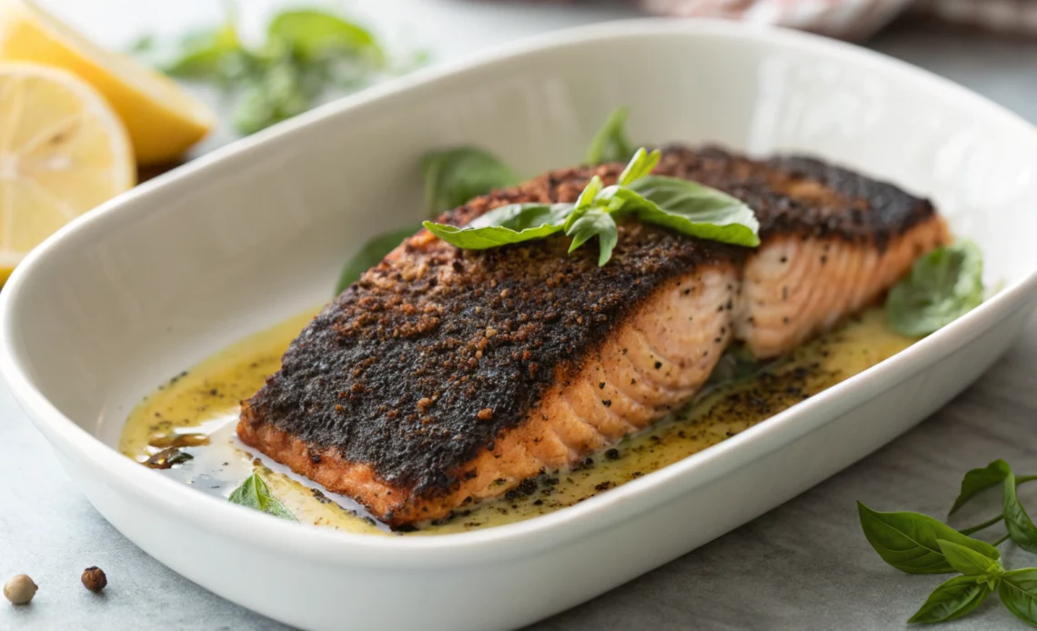 Spice-crusted blackened salmon fillet with fresh basil and lemon wedge
