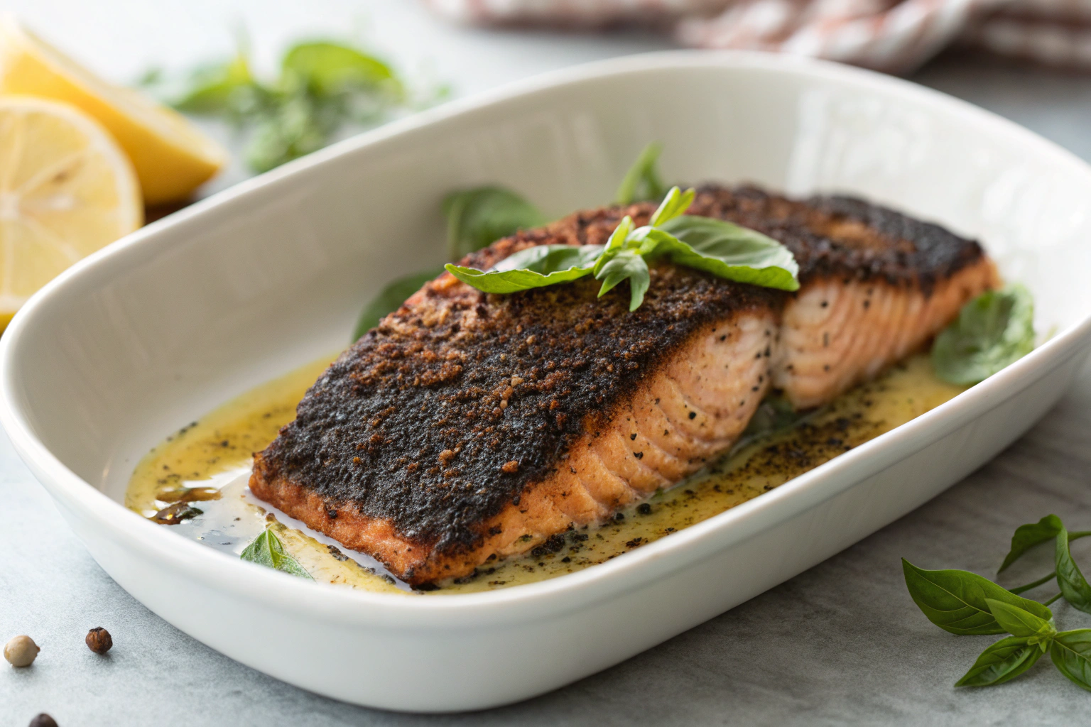 Spice-crusted blackened salmon fillet with fresh basil and lemon wedge