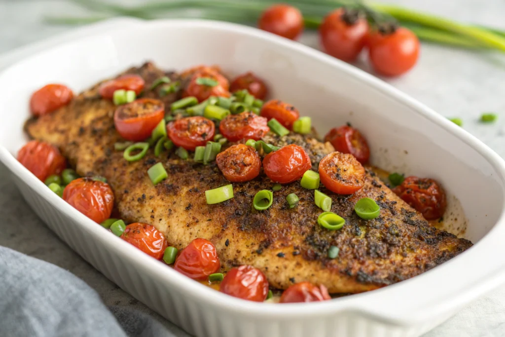 Overhead view of Cajun catfish with tomatoes and onions