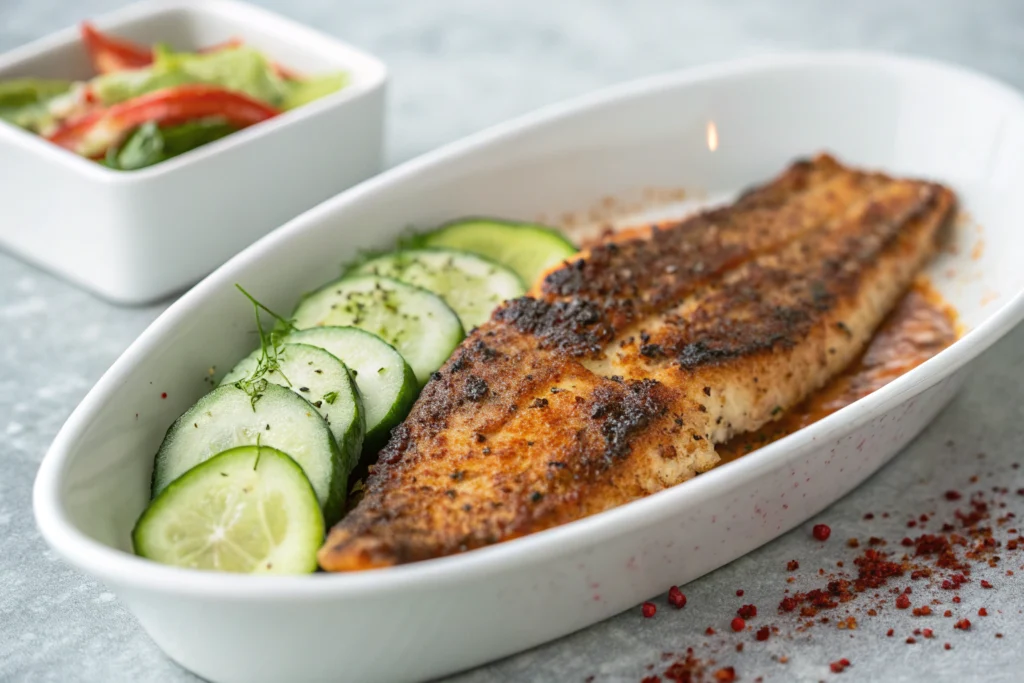 Cajun grilled catfish with cucumber and paprika