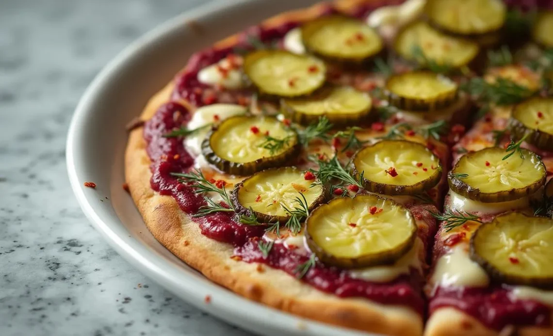 Vegan Pickle Pizza: The Deliciously Daring Recipe! 1 Vegan pickle pie pizza with beet sauce, vegan mozzarella, and fresh dill