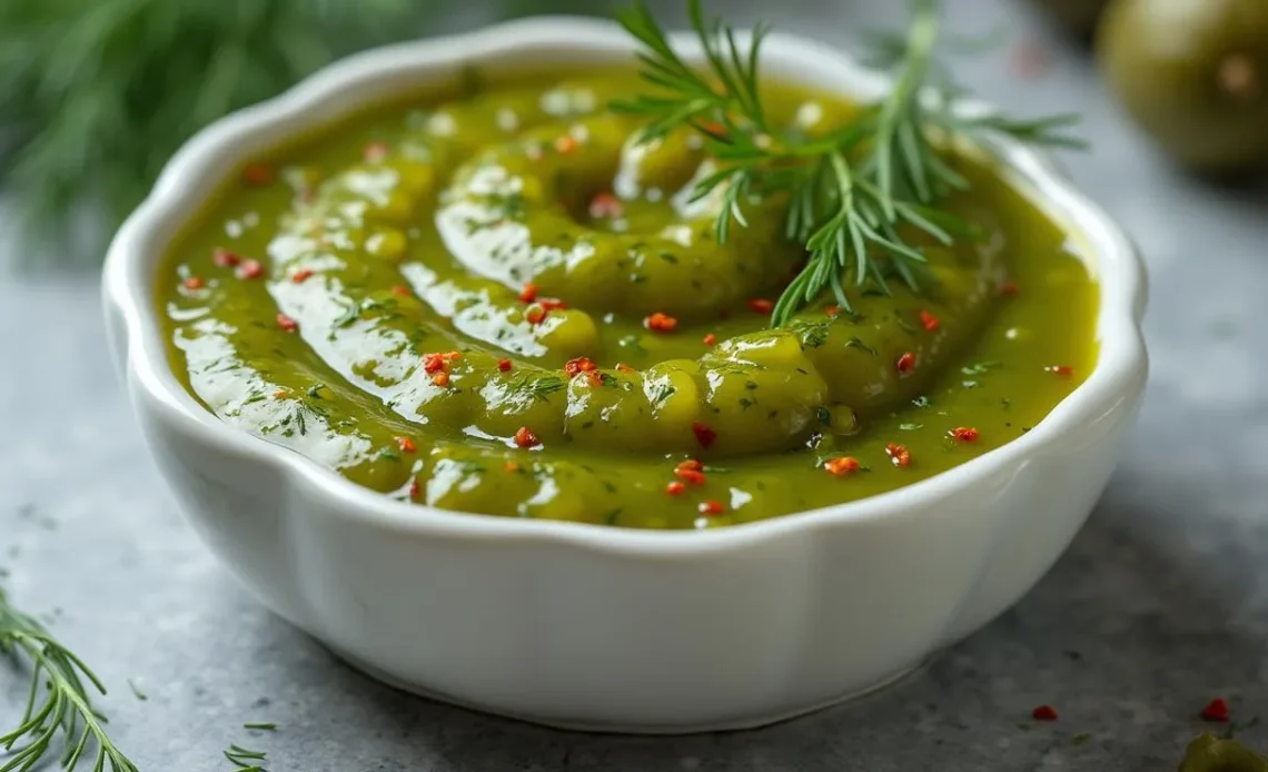 Homemade dill pickle hot sauce in a white dish: vibrant green, chunky texture, dill sprig garnish, and visible red pepper flakes