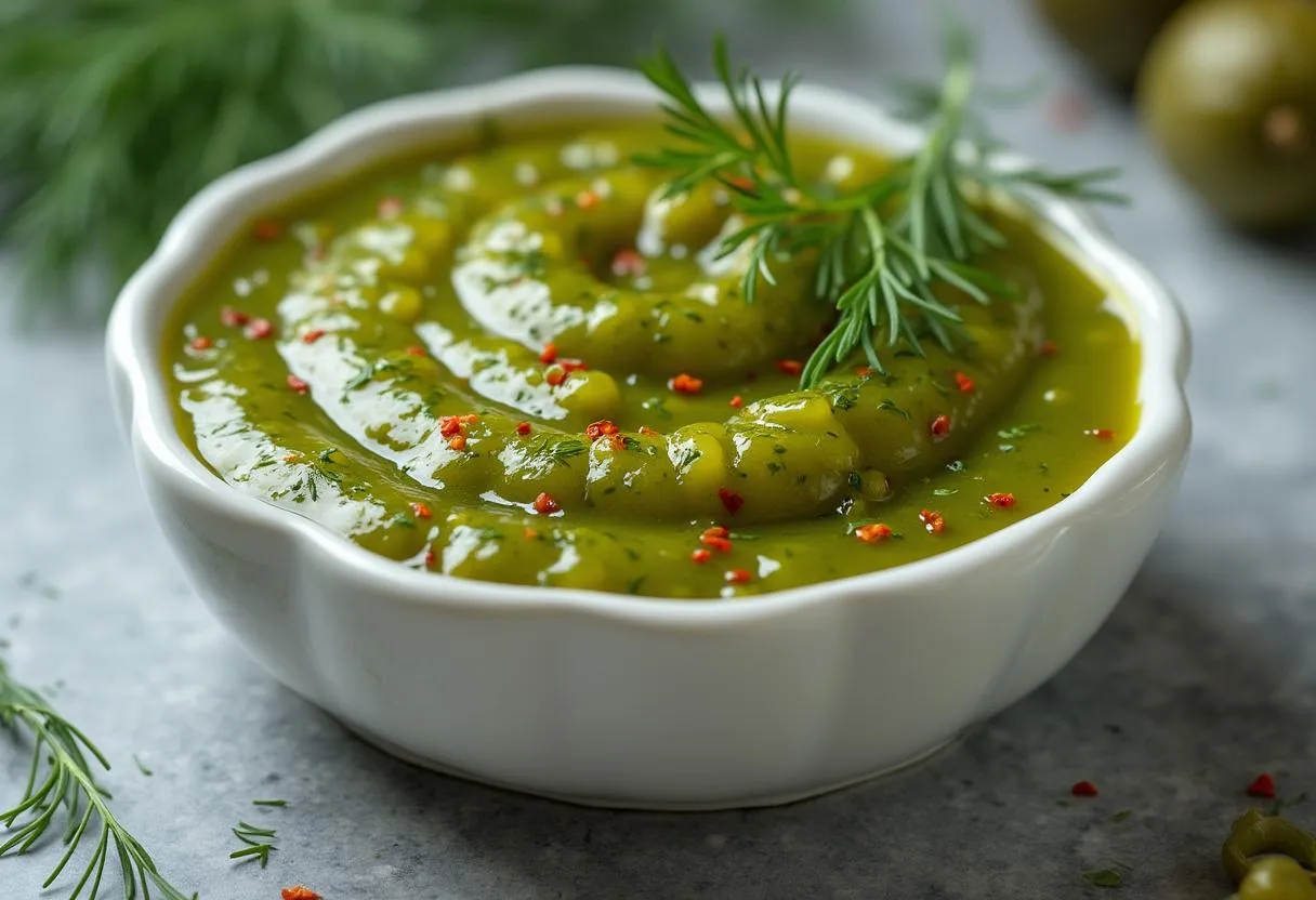 Homemade dill pickle hot sauce in a white dish: vibrant green, chunky texture, dill sprig garnish, and visible red pepper flakes