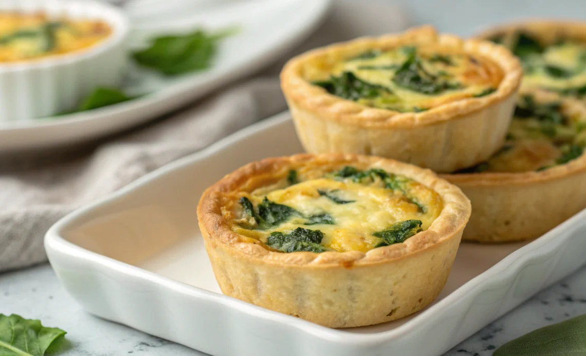 Mini quiches with golden crust, creamy filling, spinach, and melted cheese
