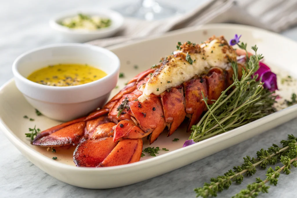 Herb-buttered grilled lobster tail with edible flowers