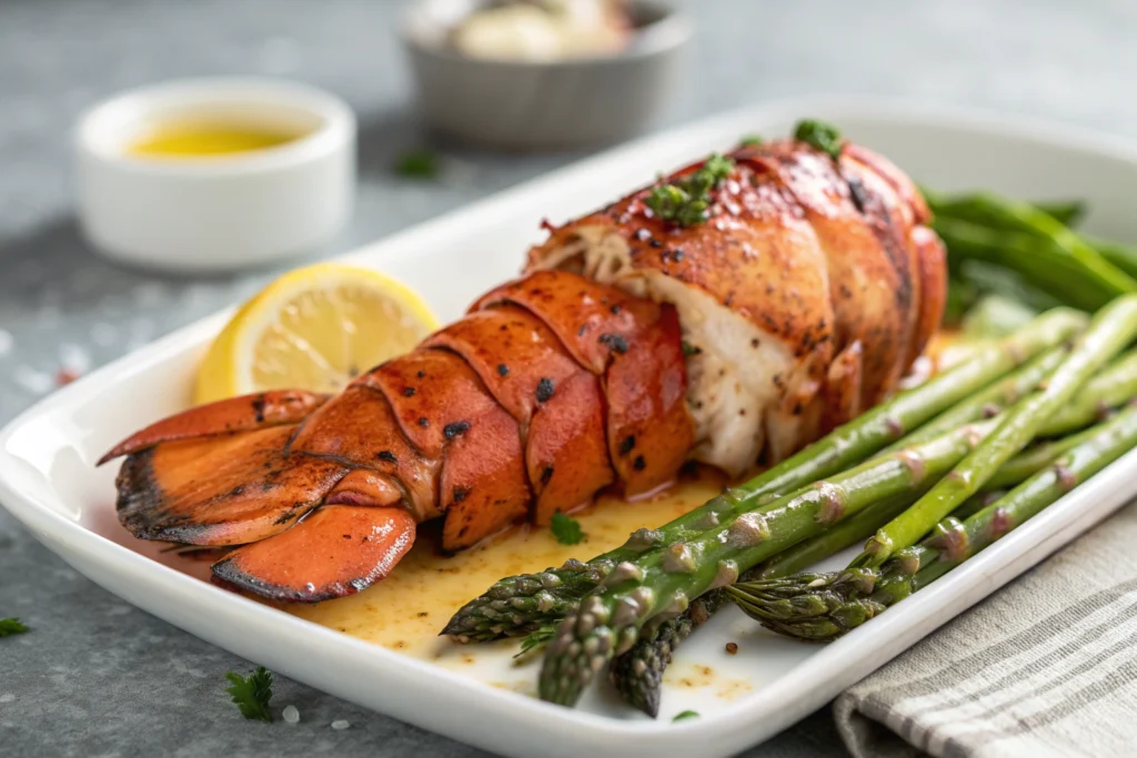 Lemon-drizzled grilled lobster tail with asparagus