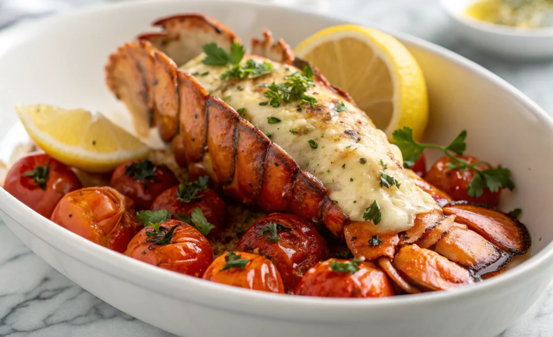 Buttered grilled lobster tail with parsley and roasted tomatoes