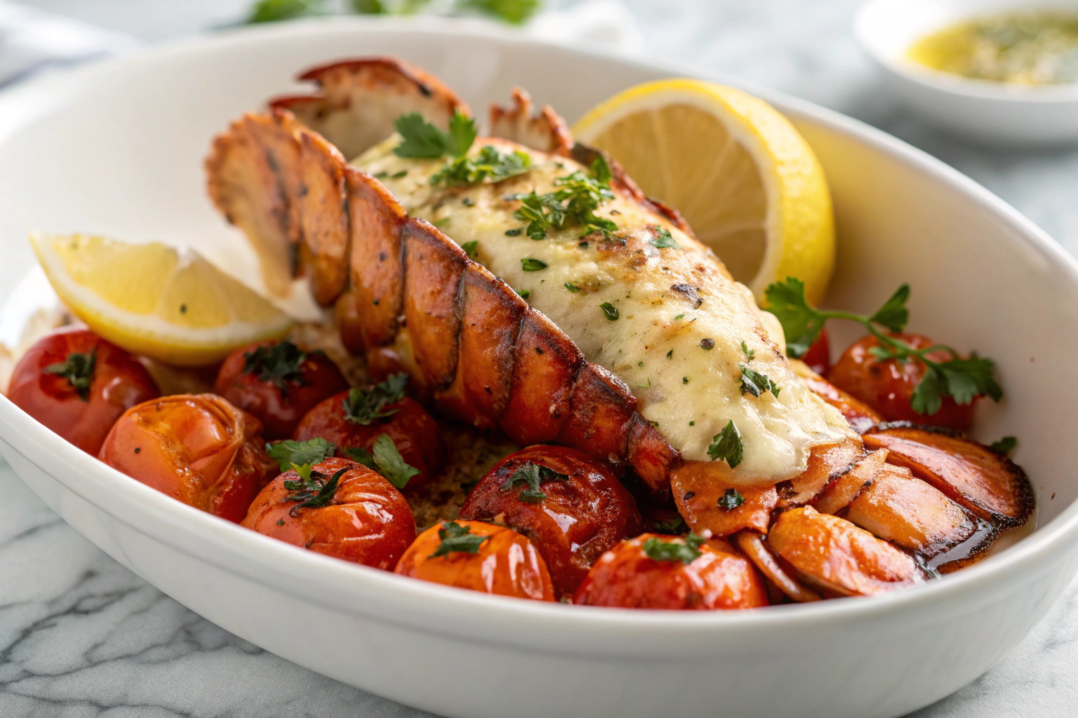 Buttered grilled lobster tail with parsley and roasted tomatoes