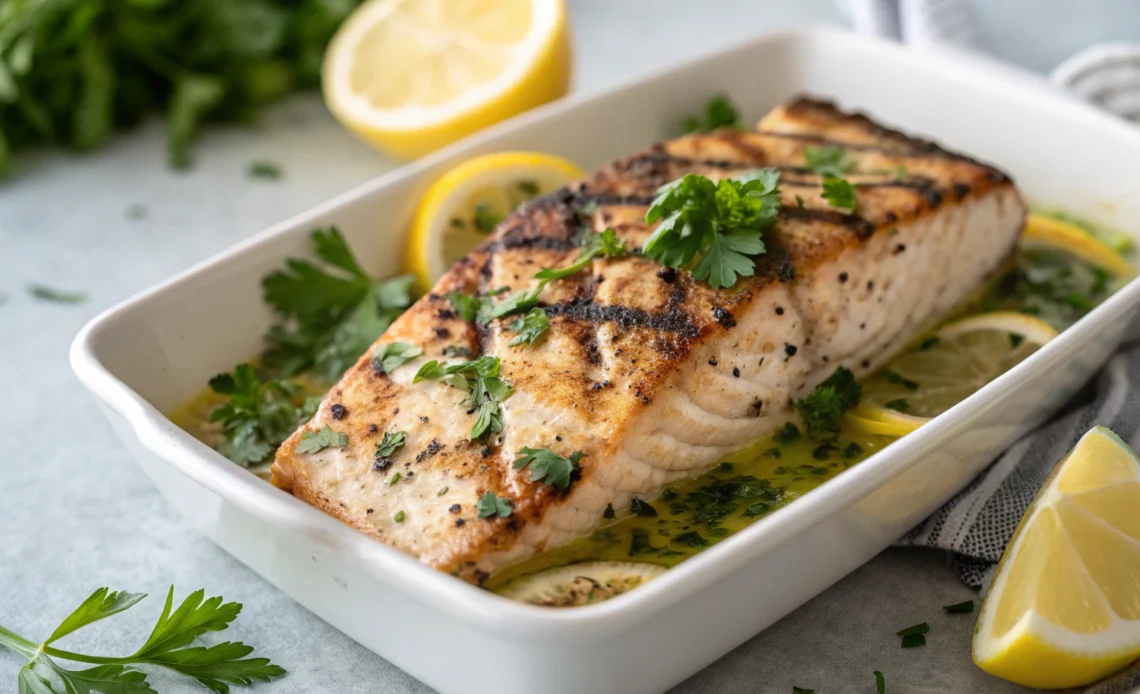 grilled mahi mahi recipe with citrus herb marinade, parsley, and lemon wedges in a white dish