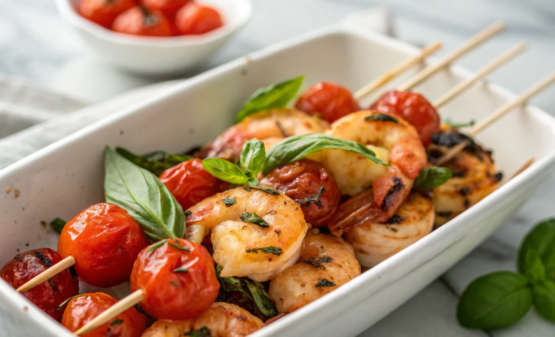 Grilled shrimp skewers with roasted tomatoes and basil
