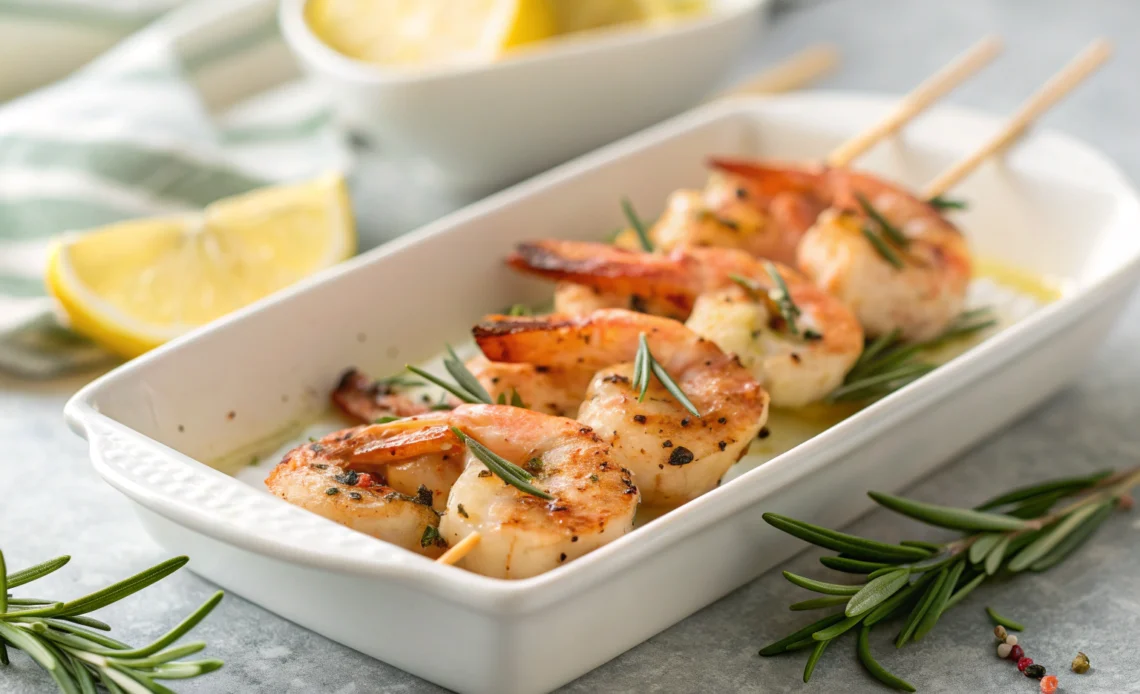 Juicy grilled shrimp skewers with lemon herb marinade and rosemary garnish