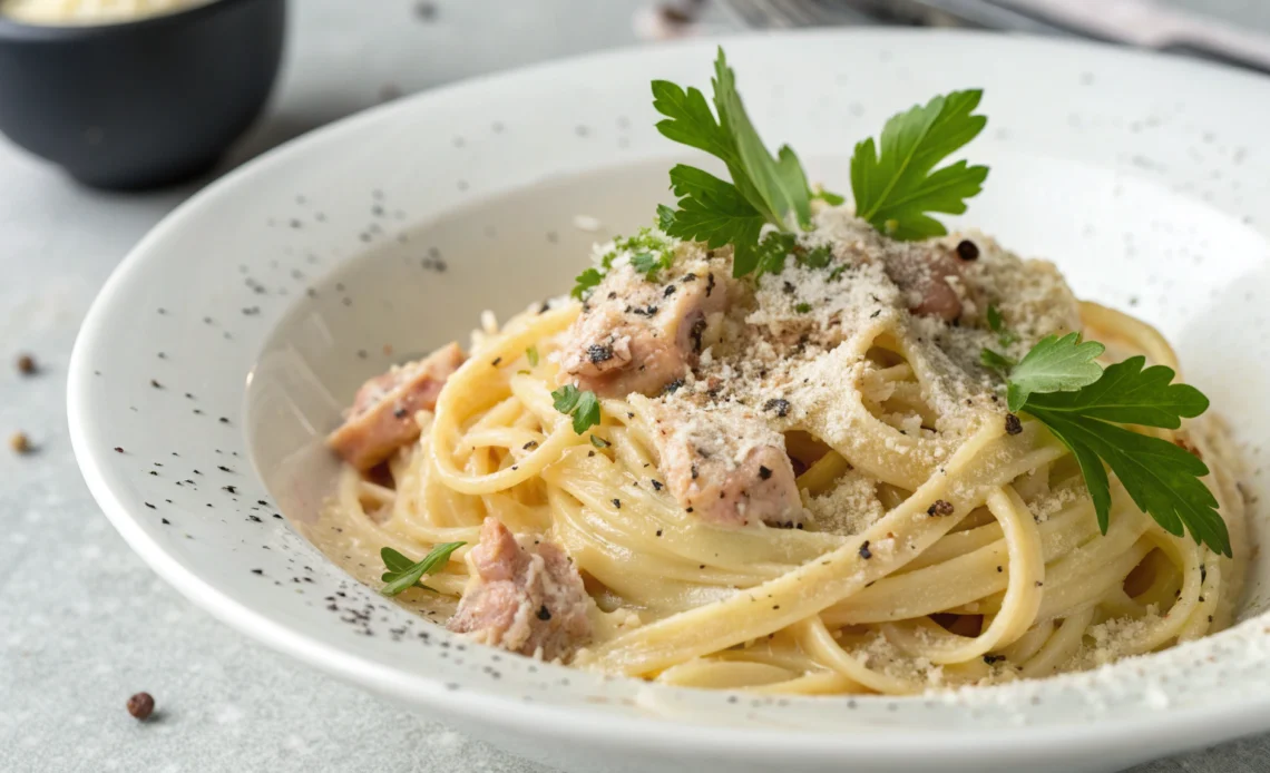 Pasta with Tuna Carbonara in creamy sauce, garnished with parsley and Parmesan