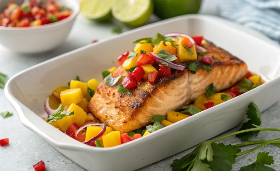 Spicy Mango Salmon: Easiest Recipe EVER! 1 Spicy mango salmon with fresh salsa and mint garnish