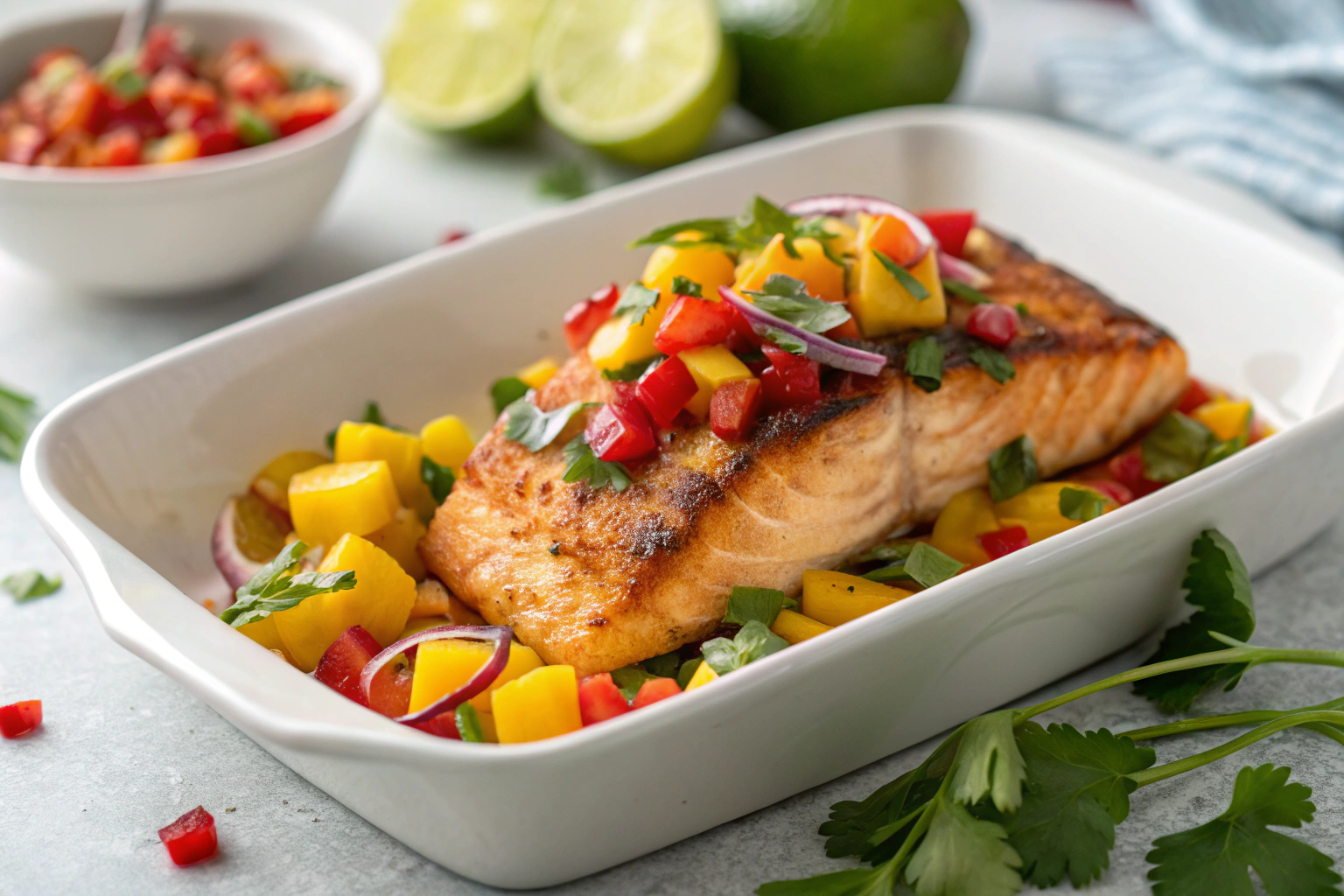 Spicy Mango Salmon: Easiest Recipe EVER! 4 Spicy mango salmon with fresh salsa and mint garnish