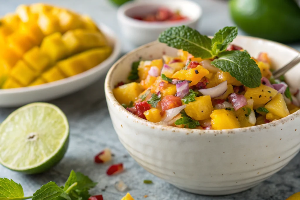 Spicy Mango Salsa: The Only Recipe You Need! 2 Chunky spicy mango salsa with mint garnish, chili flakes, mango, onion, jalapeño, and cilantro