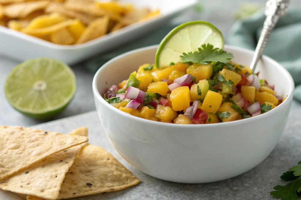 Spicy Mango Salsa: The Only Recipe You Need! 3 Spicy mango salsa with tortilla chips, featuring ripe mangoes, red onion, jalapeño, and cilantro