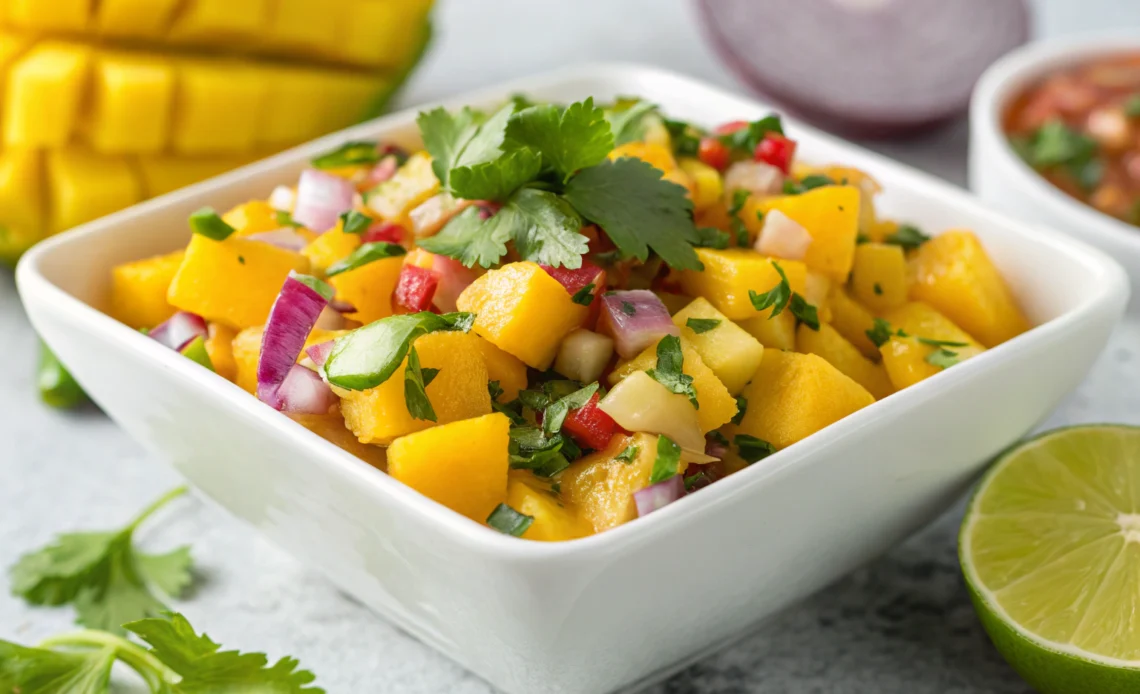 Spicy Mango Salsa: The Only Recipe You Need! 1 Fresh spicy mango salsa with ripe mangoes, red onion, jalapeño, cilantro, and lime juice