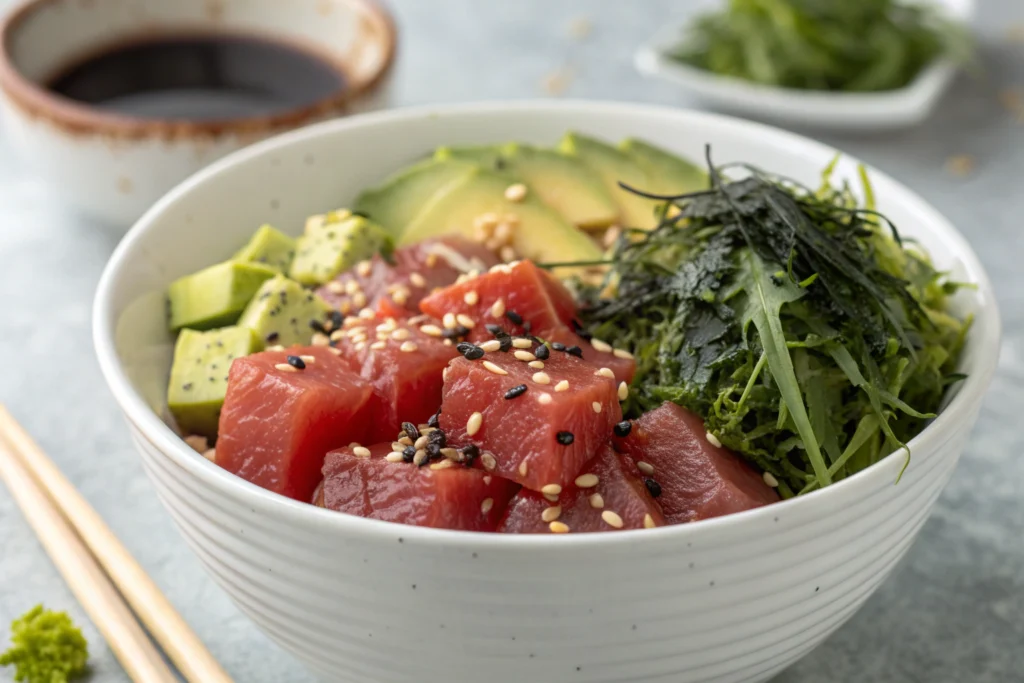 Fresh And Easy Sushi & Poke Bowls recipes You Will Love 2 Spicy Tuna Poke Bowl with tuna, avocado, seaweed salad, and rice