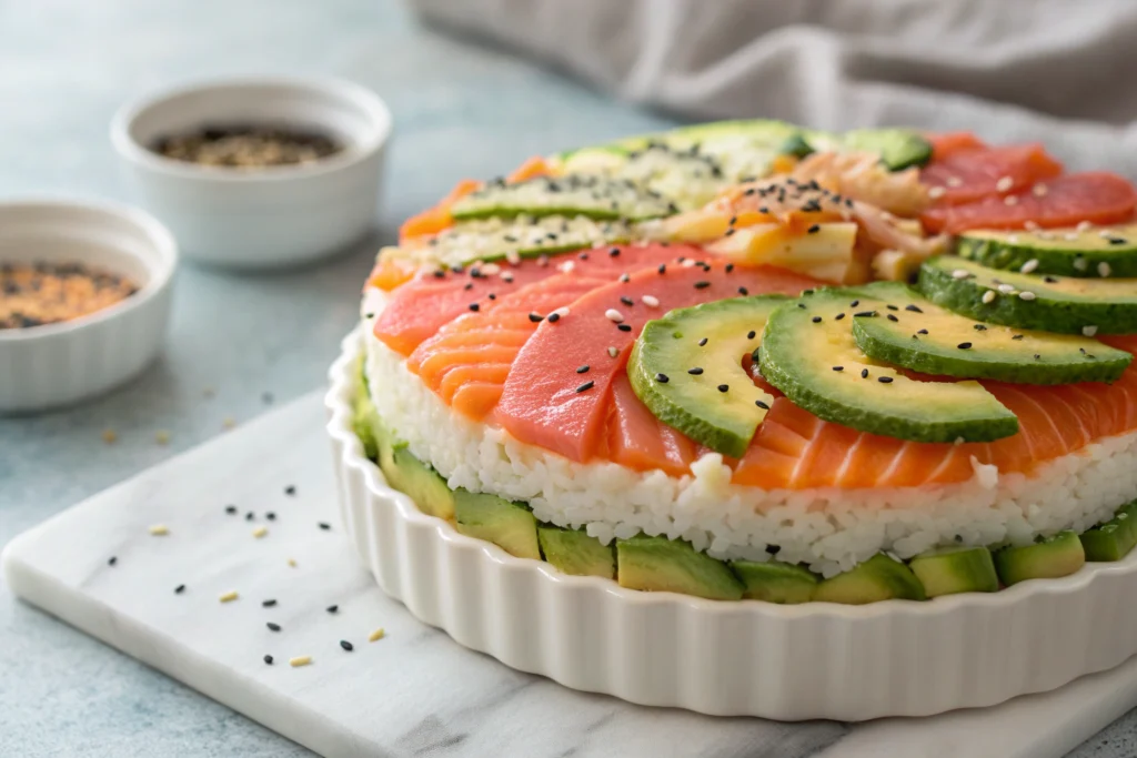 Fresh And Easy Sushi & Poke Bowls recipes You Will Love 3 Sushi & Poke Bowls recipes : Sushi Cake layered with rice, salmon, avocado, and cucumber!