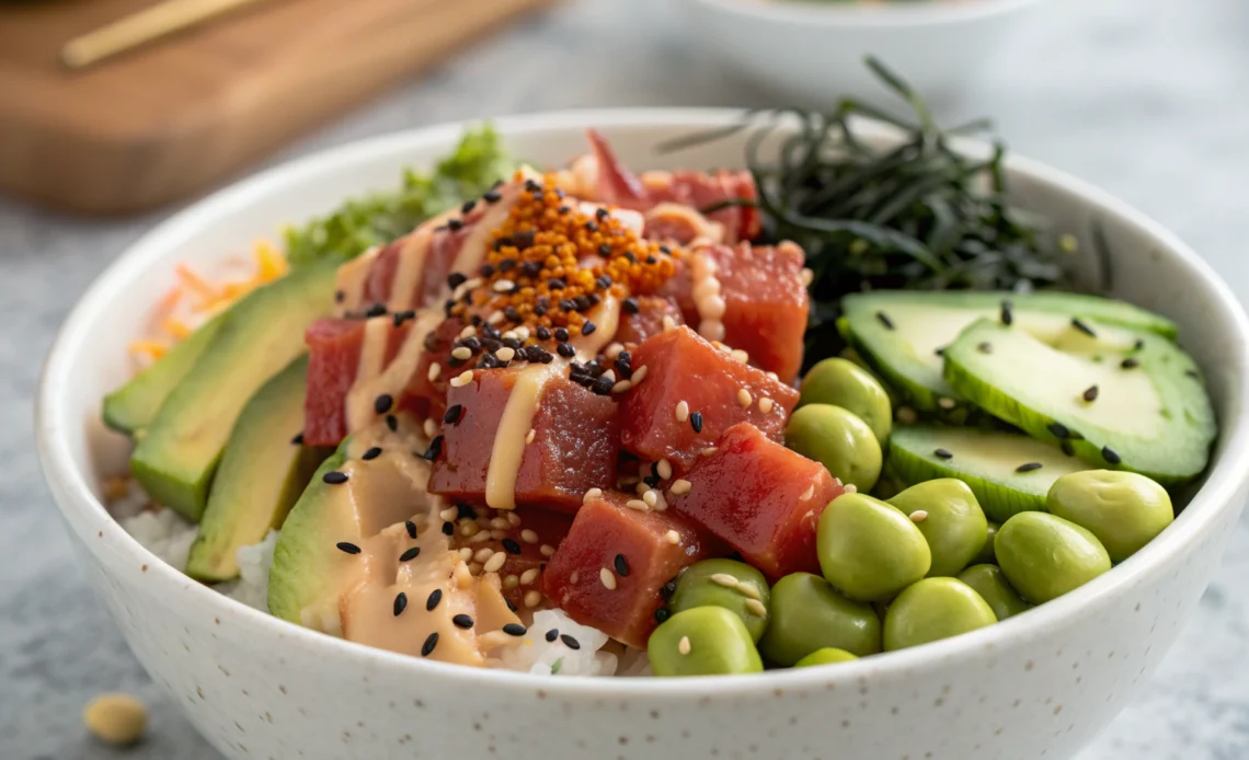 Fresh And Easy Sushi & Poke Bowls recipes You Will Love 1 Sushi & Poke Bowl Recipes, avocado, cucumbers, edamame, spicy sauce, sesame seeds, and nori flakes