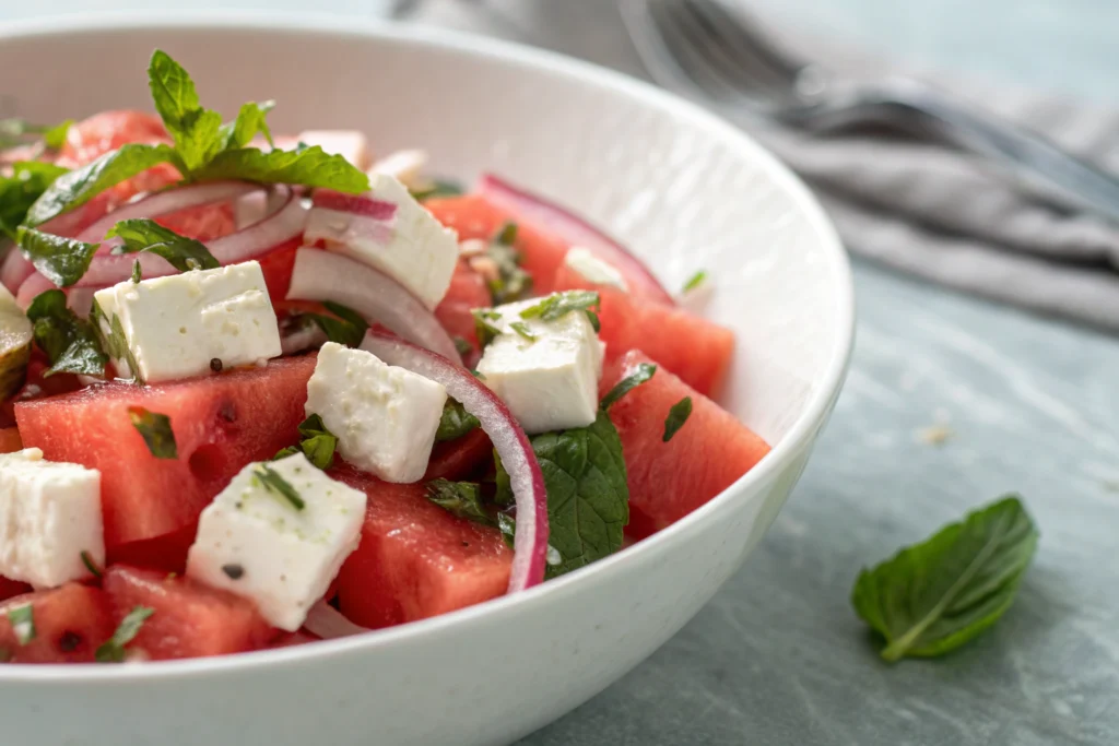 Delicious watermelon feta salad with lime vinaigrette