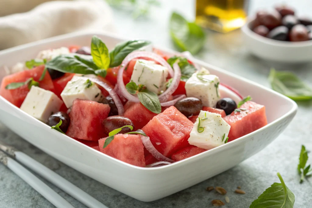 Watermelon feta salad with olives and olive oil