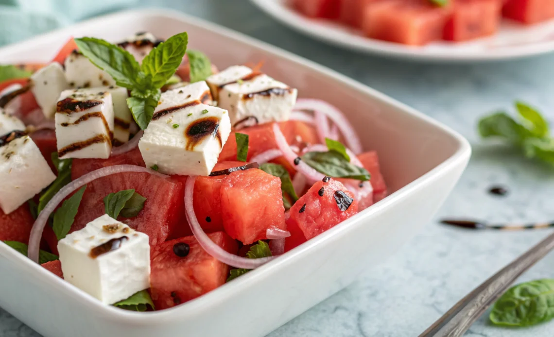 Watermelon feta salad with fresh basil and mint