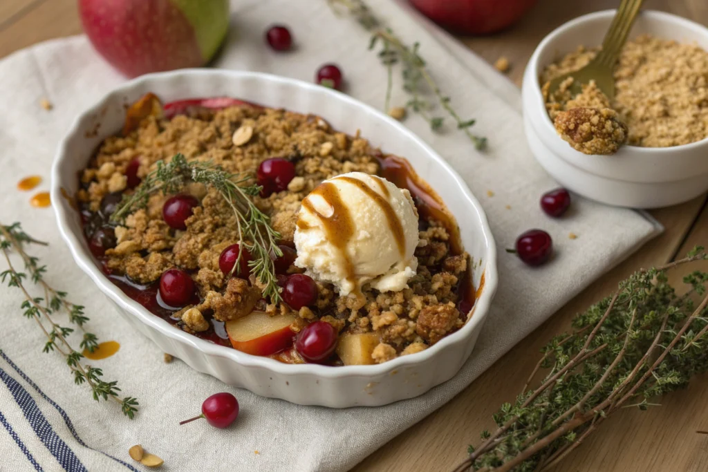 Apple Cranberry Crisp with golden oat topping crisp and juicy fruits arranged on white dish soft lighting