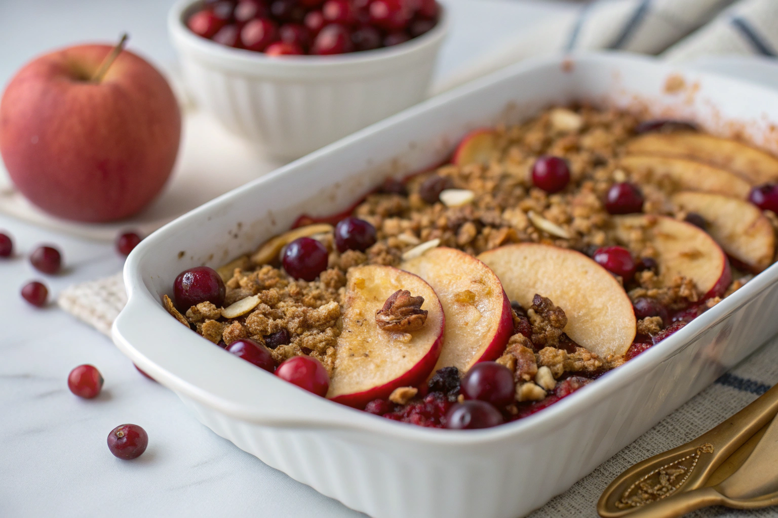 Apple Cranberry Crisp with golden oat topping crisp and juicy fruits arranged on white dish soft lighting