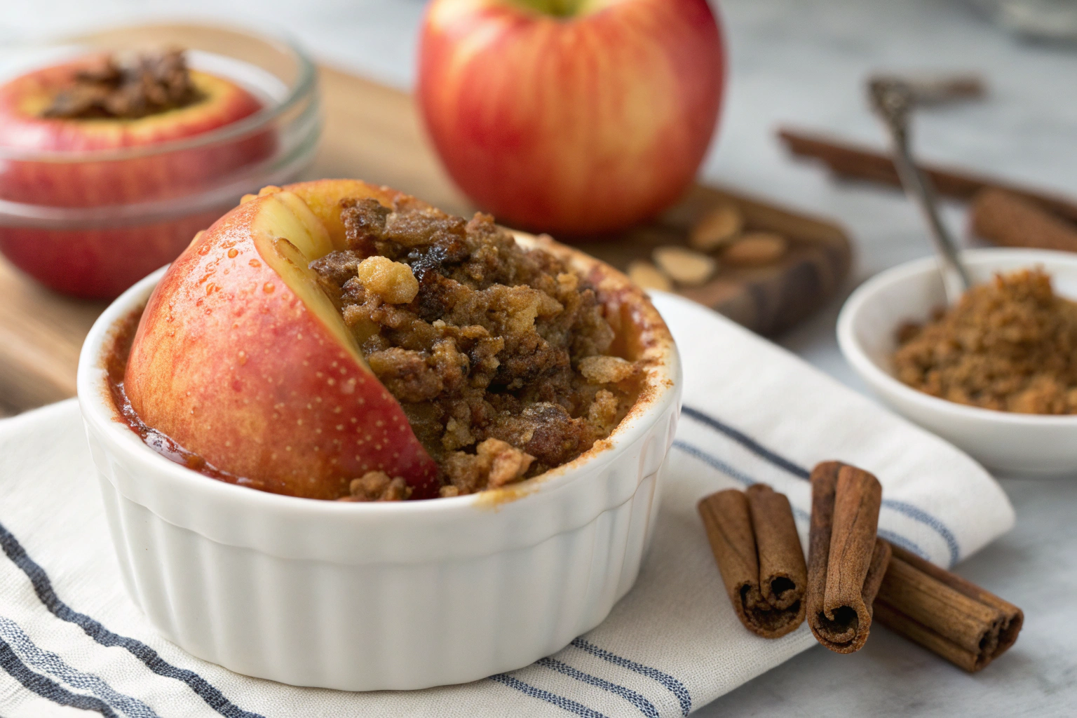Whole baked apple with caramelized cinnamon sugar, fresh sage leaves, and a scoop of vanilla ice cream on white plate