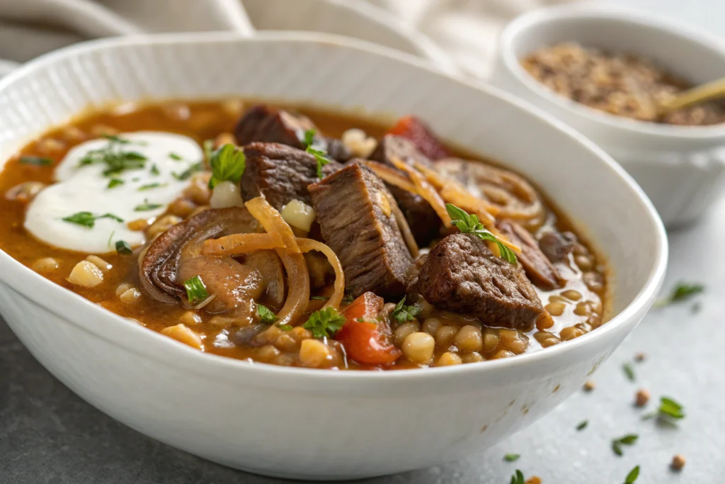 Beef Barley Soup - A Heartwarming Classic You Can't Miss 2 Beef barley soup with tender chunks, green herbs, and creamy broth in a white bowl on a gray countertop