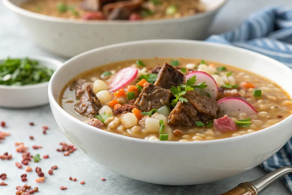 Beef Barley Soup - A Heartwarming Classic You Can't Miss 3 Beef barley soup with tender chunks, green herbs, and creamy broth in a white bowl on a gray countertop