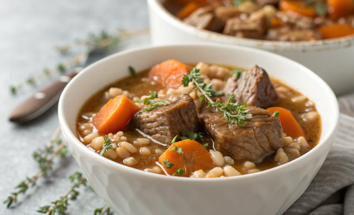 Beef Barley Soup - A Heartwarming Classic You Can't Miss 1 Beef barley soup with tender chunks, green herbs, and creamy broth in a white bowl on a gray countertop