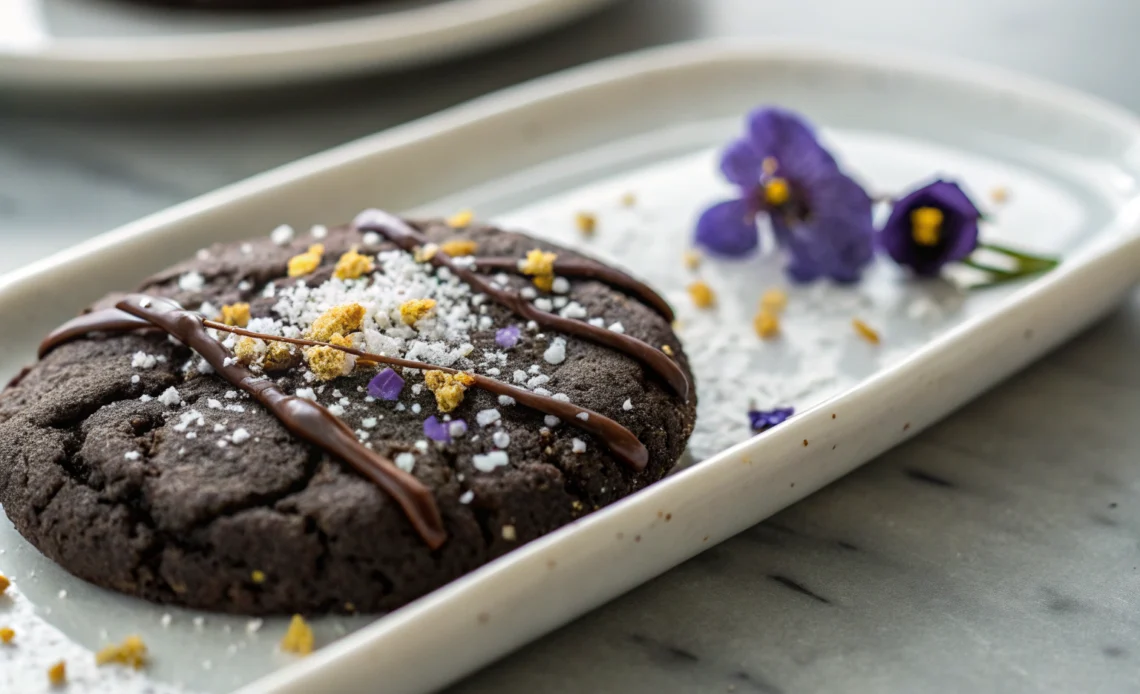 Black Pearl Cookie with shimmering sugar crystals and candied violets on a white dish