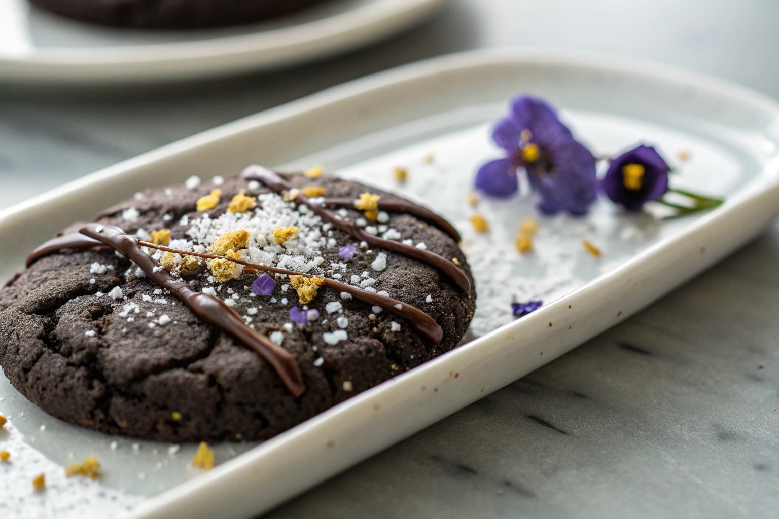 Black Pearl Cookie with shimmering sugar crystals and candied violets on a white dish