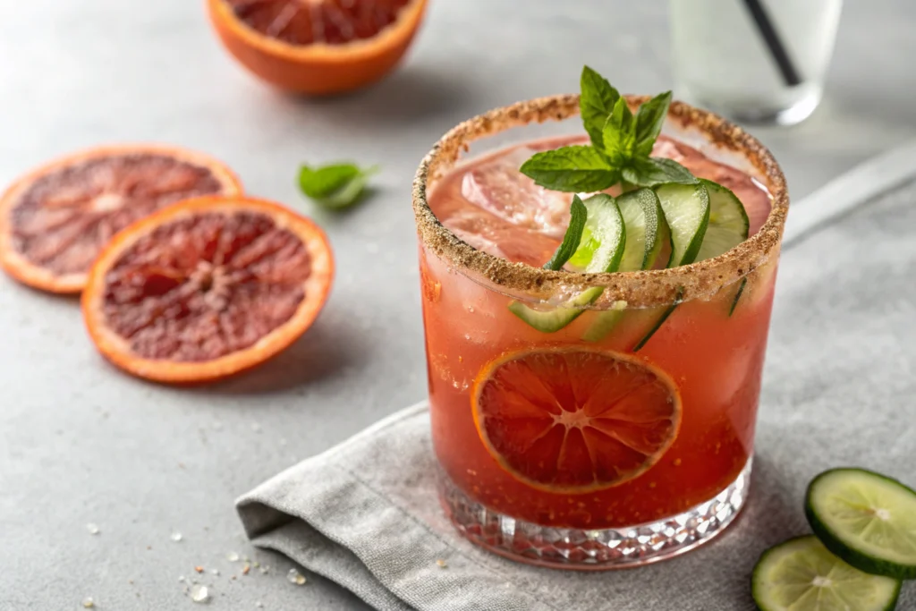 Sparkling Blood Orange Mocktail: A Refreshing Non-Alcoholic Drink 3 Blood orange mocktail with fresh basil leaves sparkling water and ice in a white glass on gray countertop