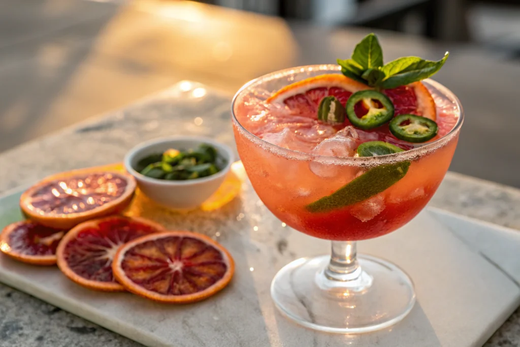 Sparkling Blood Orange Mocktail: A Refreshing Non-Alcoholic Drink 2 Sparkling blood orange mocktail with ice blood orange slices and fresh basil leaves in a white glass on a gray countertop