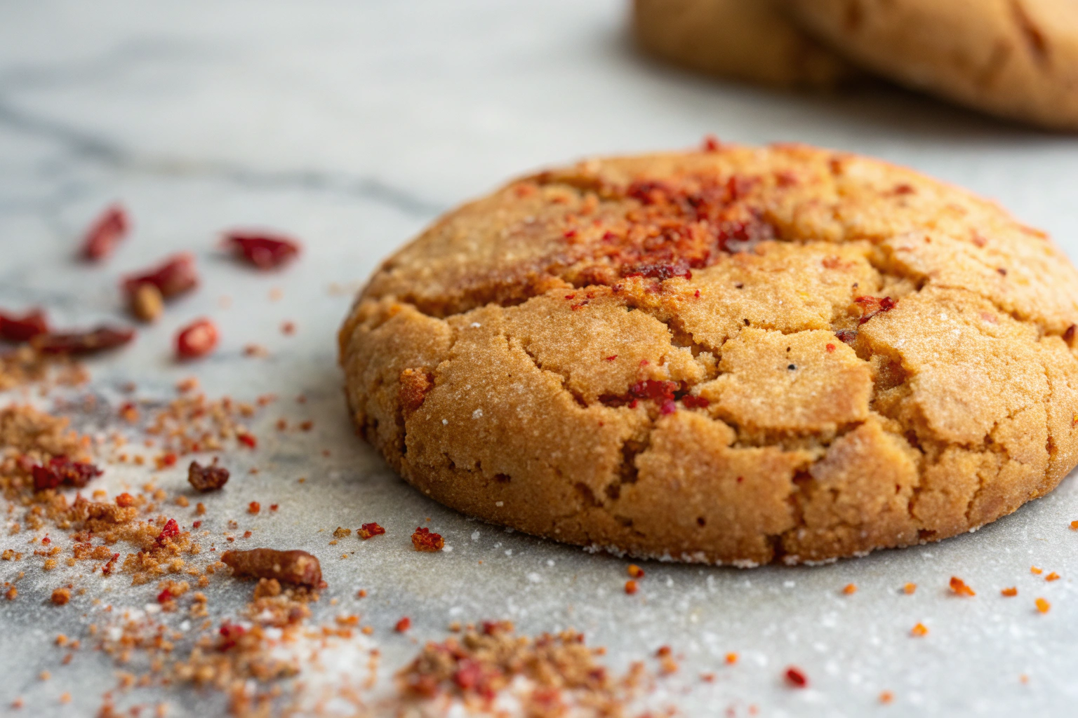 Capsaicin Cookie with spicy glaze, golden crackle top, chili flakes