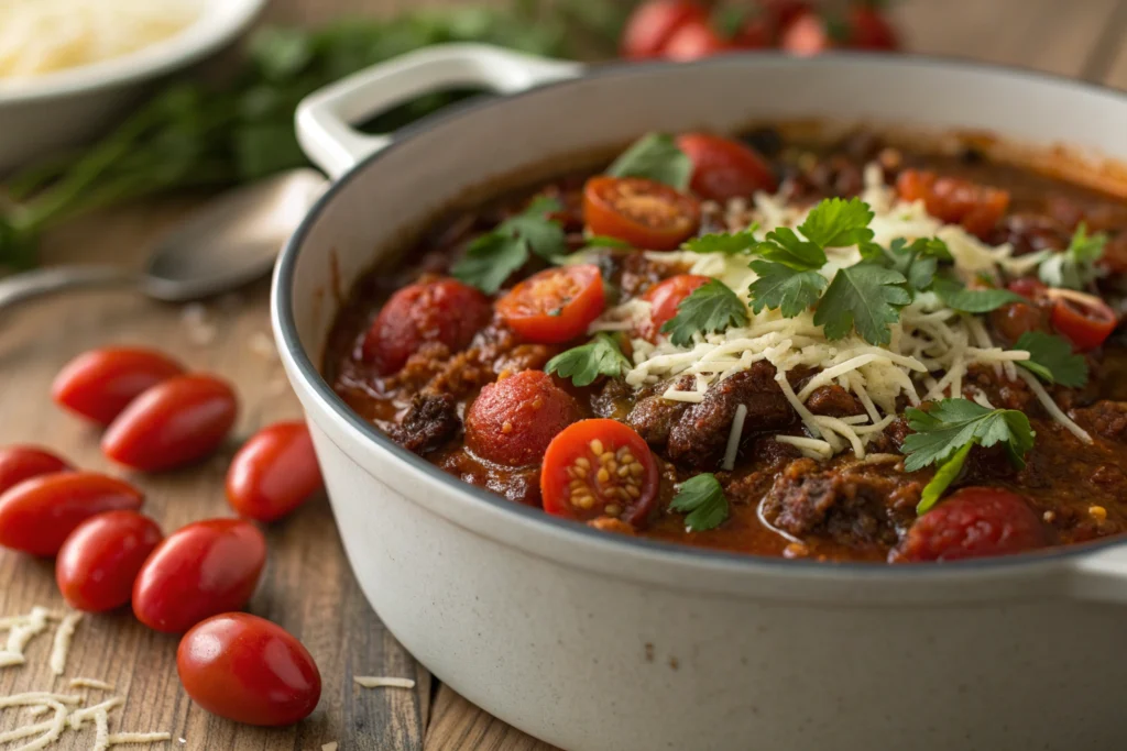 Cauldron Chili in white ceramic bowl with kidney beans tomatoes ground beef shredded cheddar and green onions