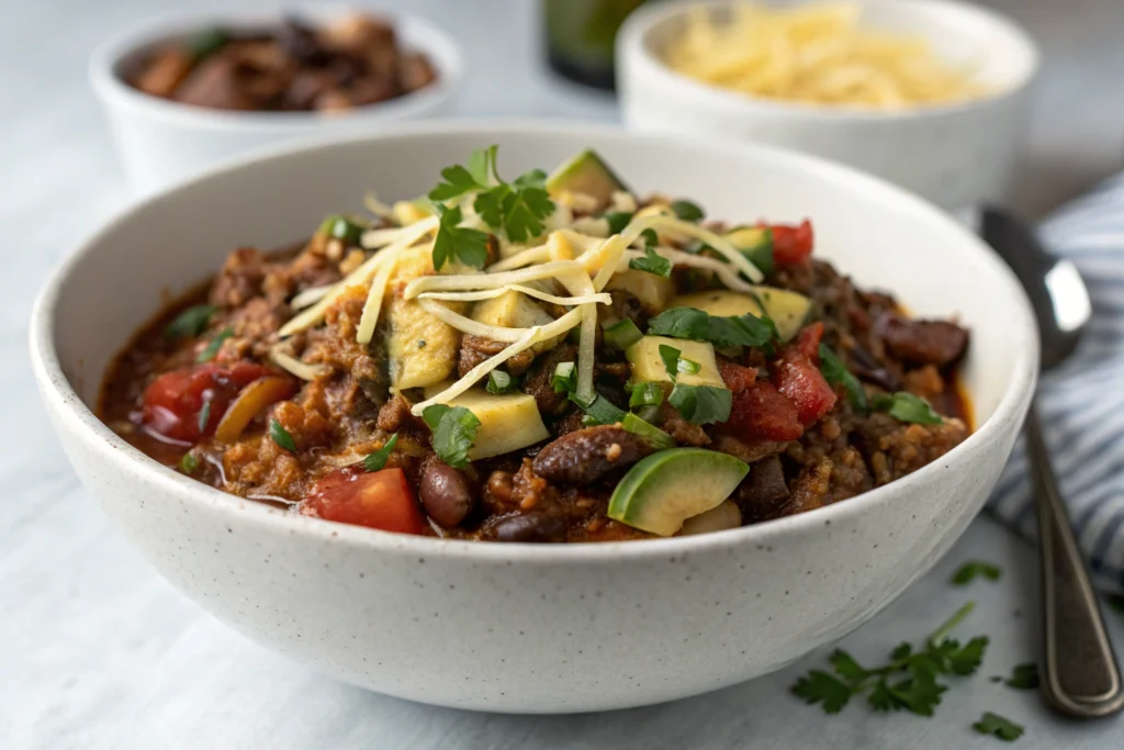 Cauldron Chili in white ceramic bowl with kidney beans tomatoes ground beef shredded cheddar and green onions