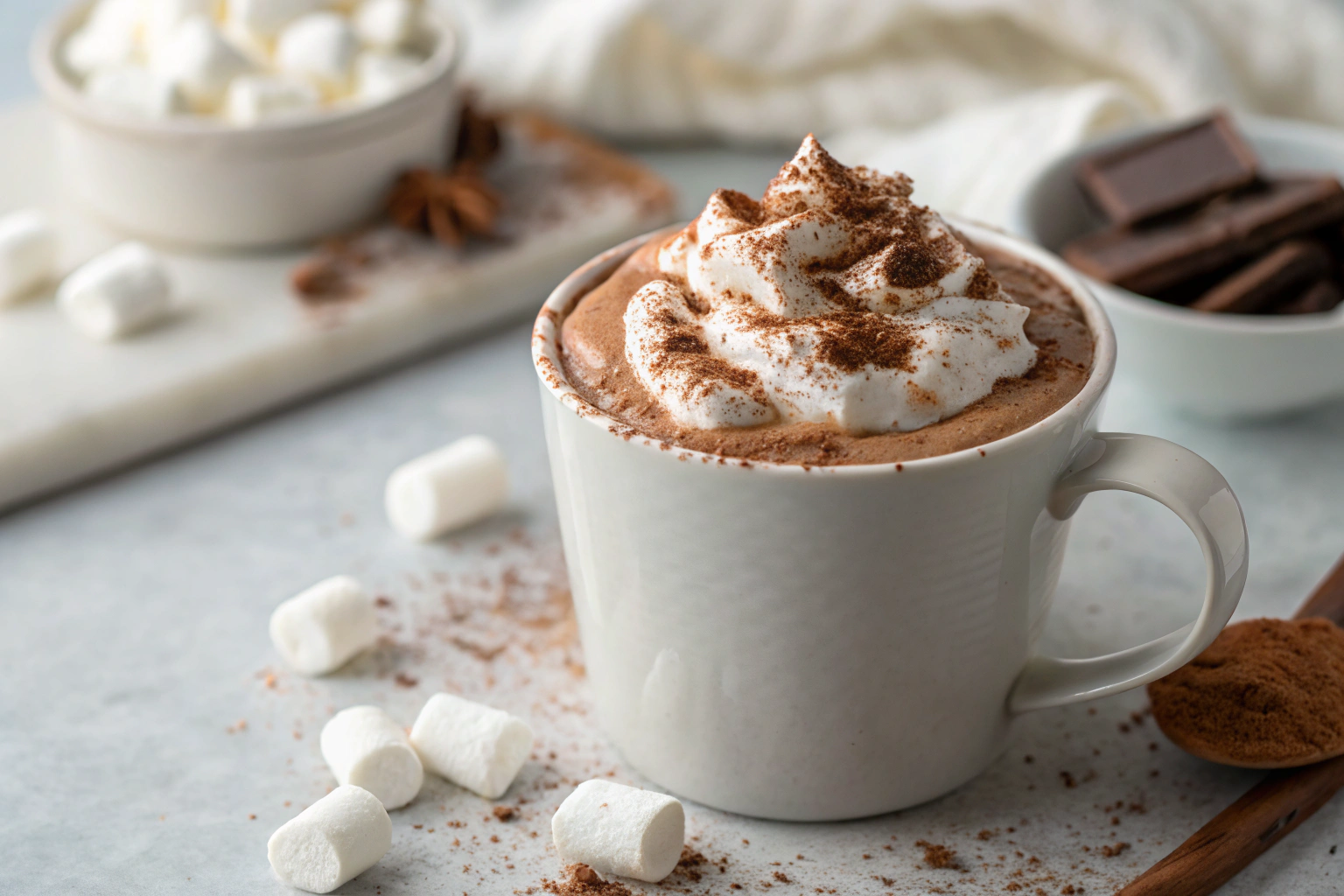 Cauldron Cocoa in white mug with marshmallows whipped cream and cauldron mold on gray countertop