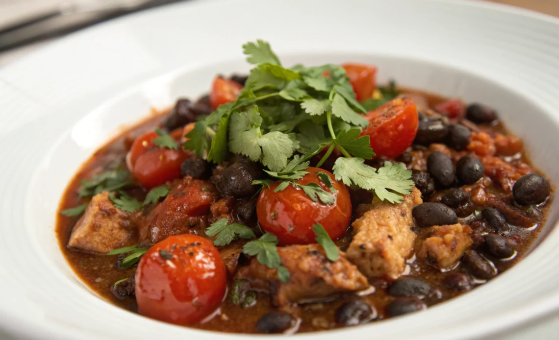 Chunky chicken chili with roasted tomatoes black beans fresh cilantro and cheddar cheese on white plate