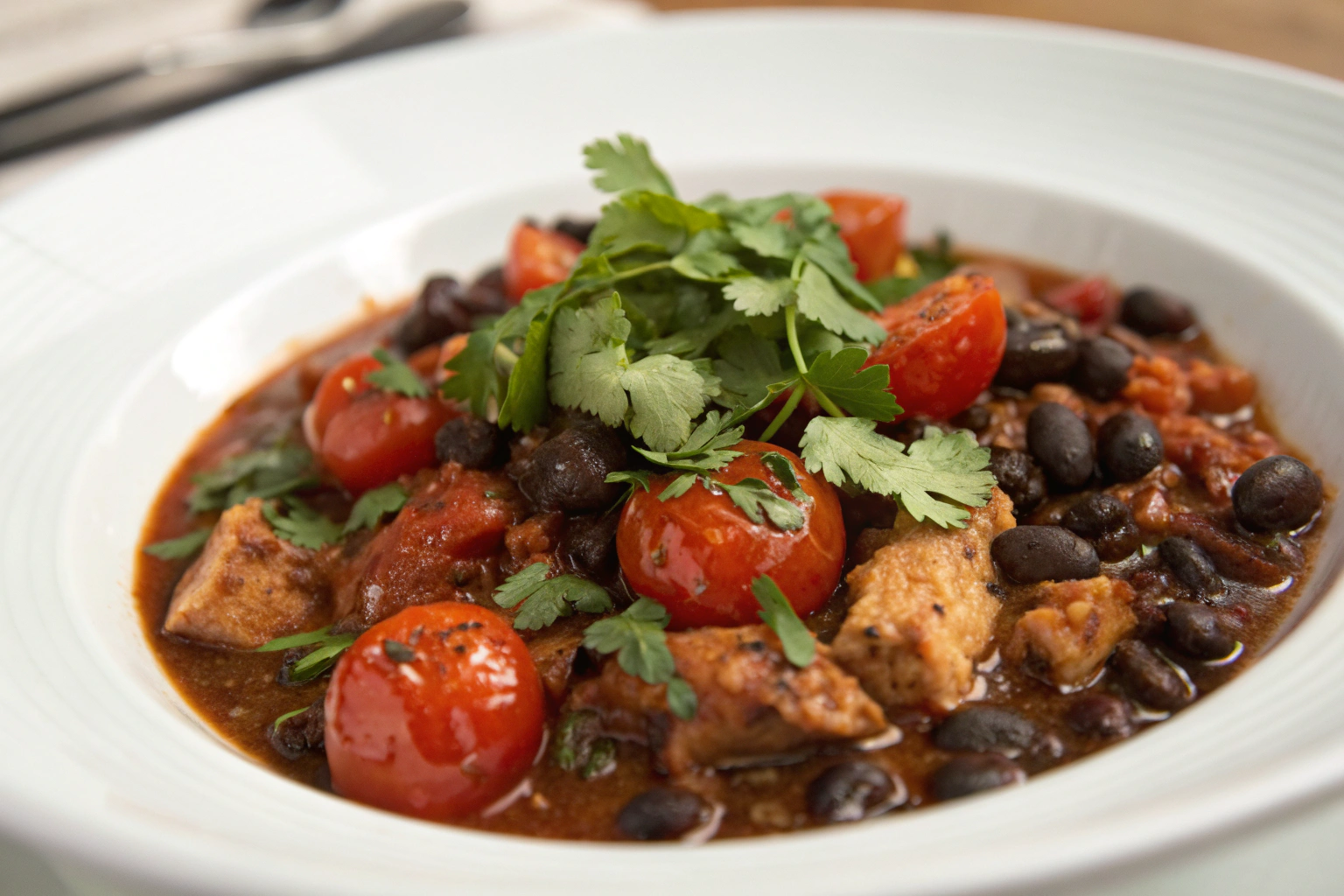 Chunky chicken chili with roasted tomatoes black beans fresh cilantro and cheddar cheese on white plate