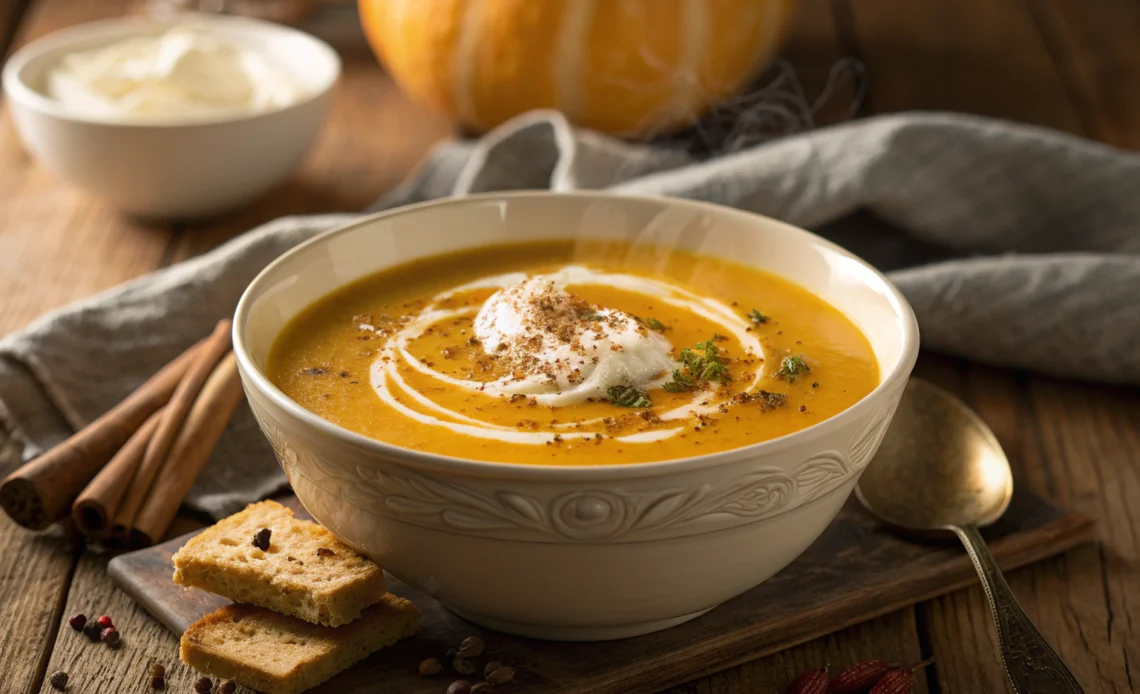 Creamy pumpkin soup with fresh herbs and roasted vegetables in a white bowl on a granite countertop