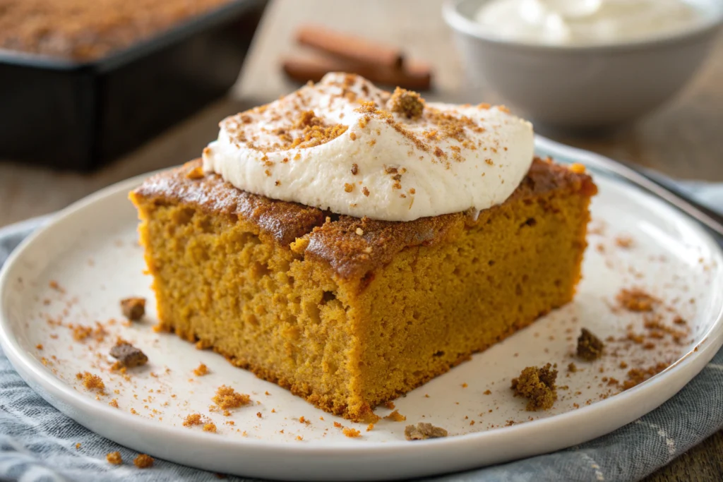 Classic pumpkin cake with golden crumb pumpkin pie spice and cream cheese frosting on white plate