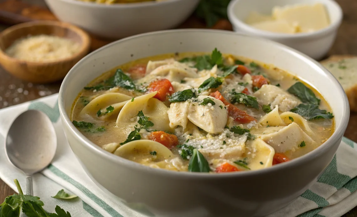 Creamy chicken tortellini soup with fresh spinach and cherry tomatoes in a white bowl